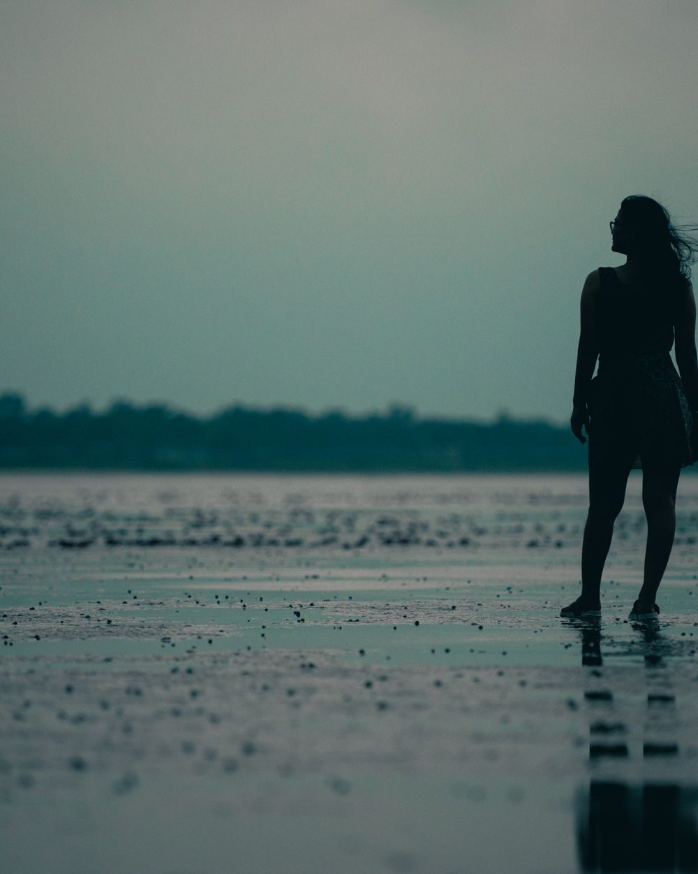 silhouette of woman walking on quiet beach at dusk