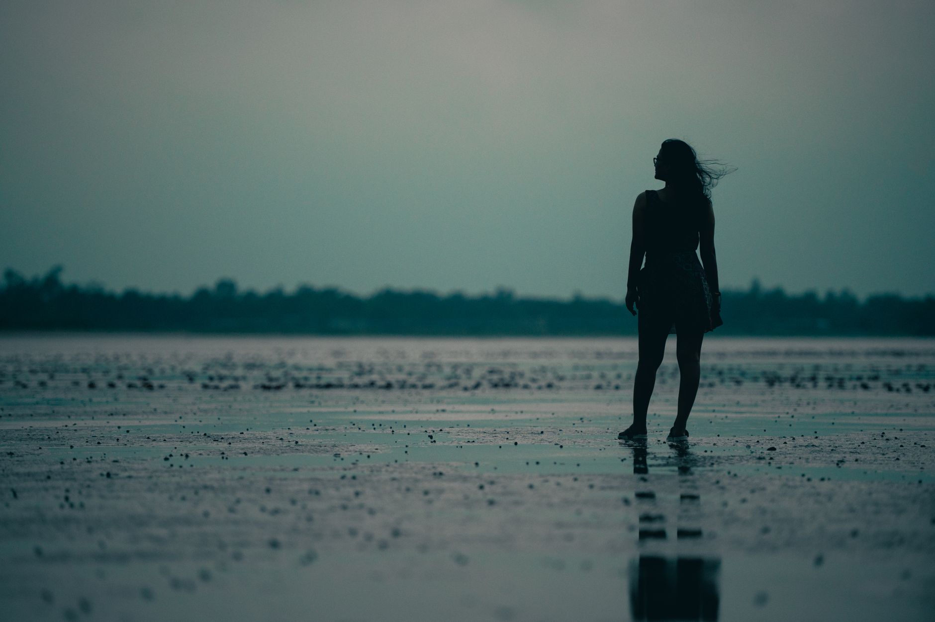 silhouette of woman walking on quiet beach at dusk